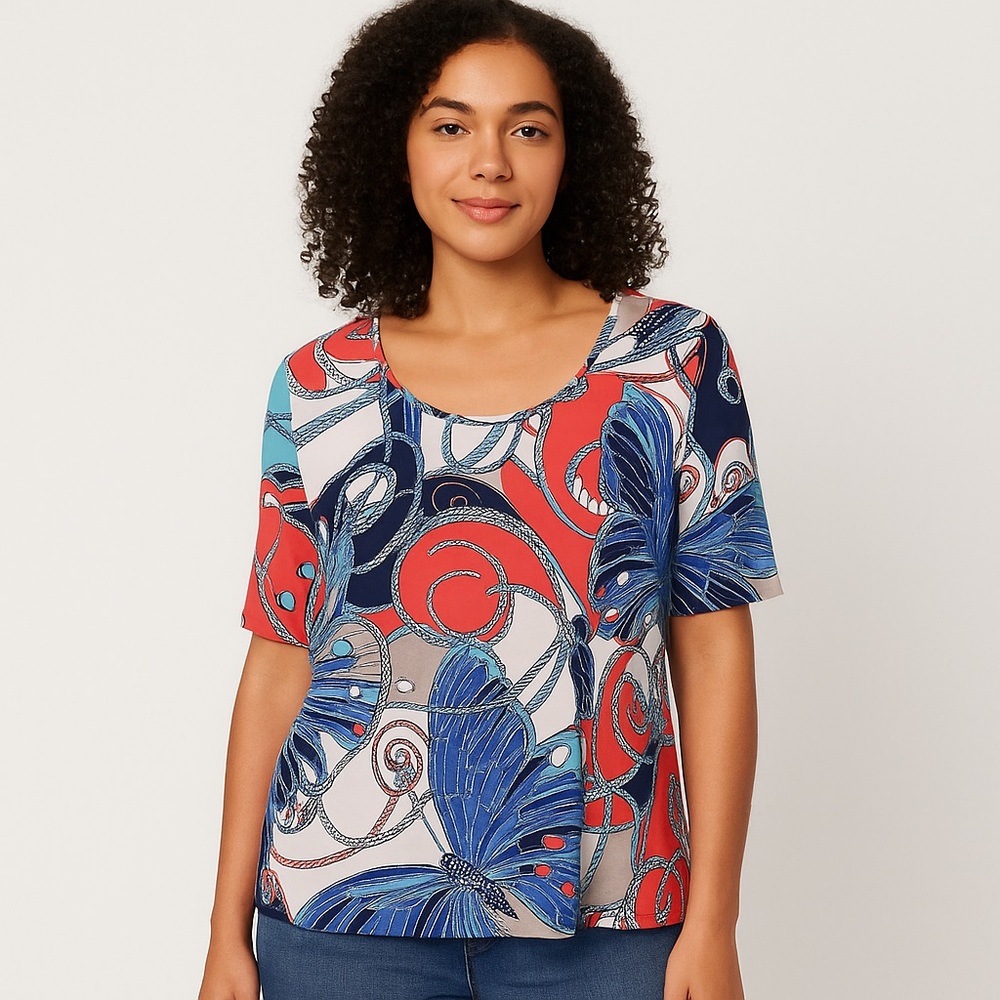 Style & Co Butterfly Print Top Small Scoop Neck Stretch Blouse